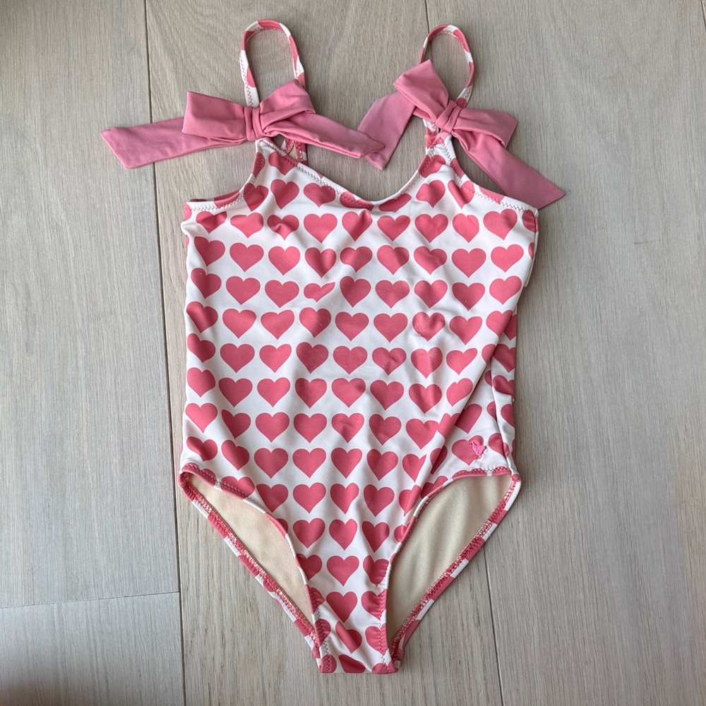 Pink Chicken 6Y Pink Heart Print One-Piece Swimsuit with Shoulder Bows